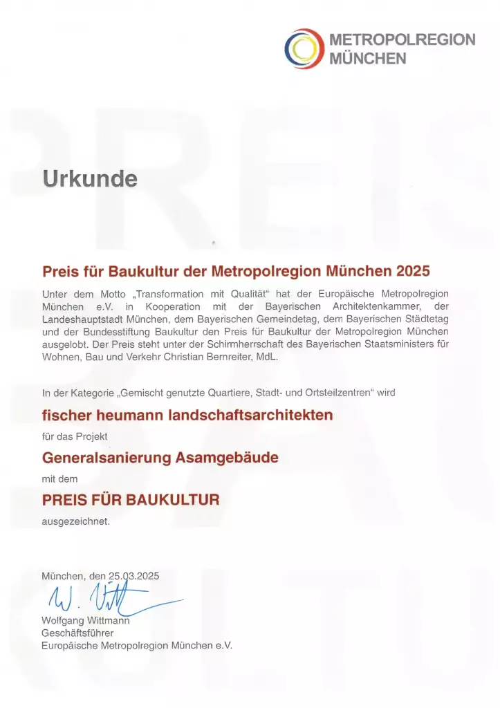 Innenhof Asamgebäude Urkunde Preis für Baukultur Metropolregion München